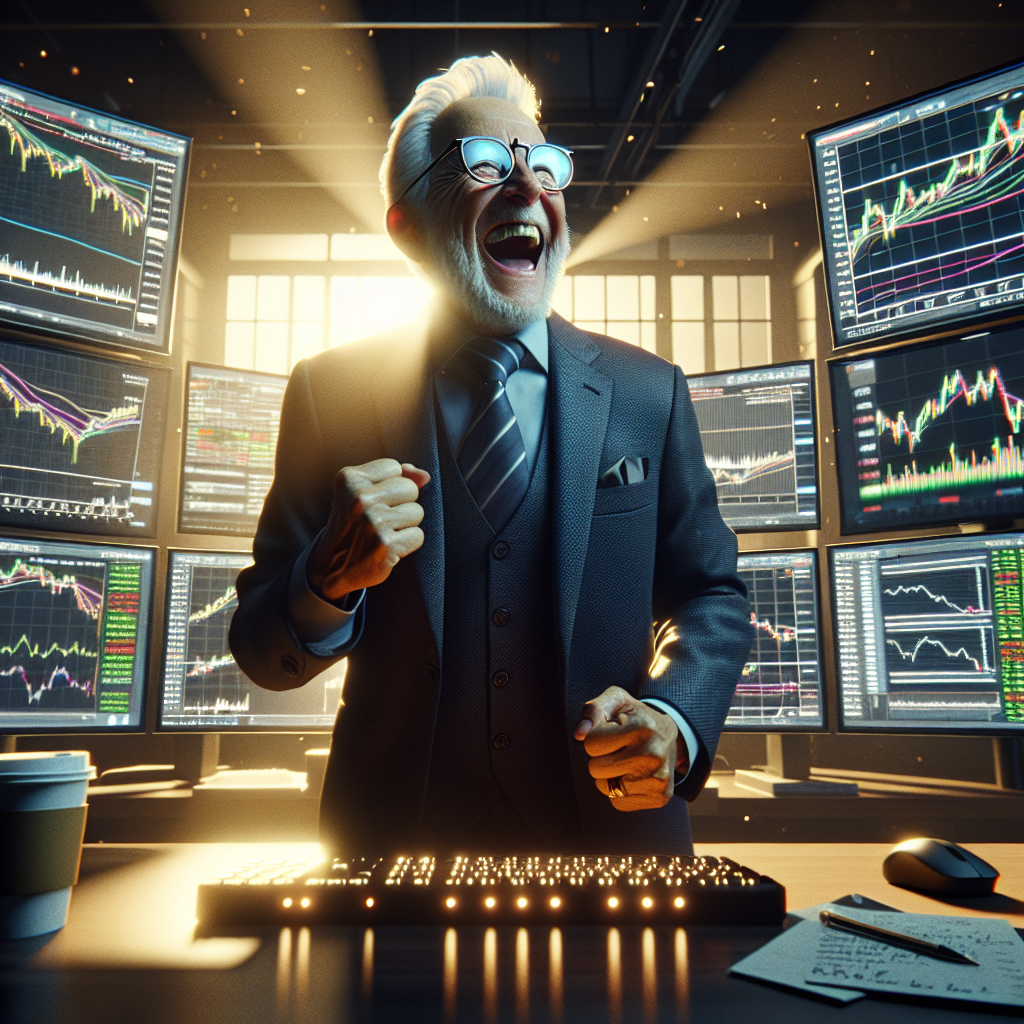 A graphic of an older businessman in a sharp suit and glasses cheering triumphantly with raised fists in front of a massive wall of trading monitors.