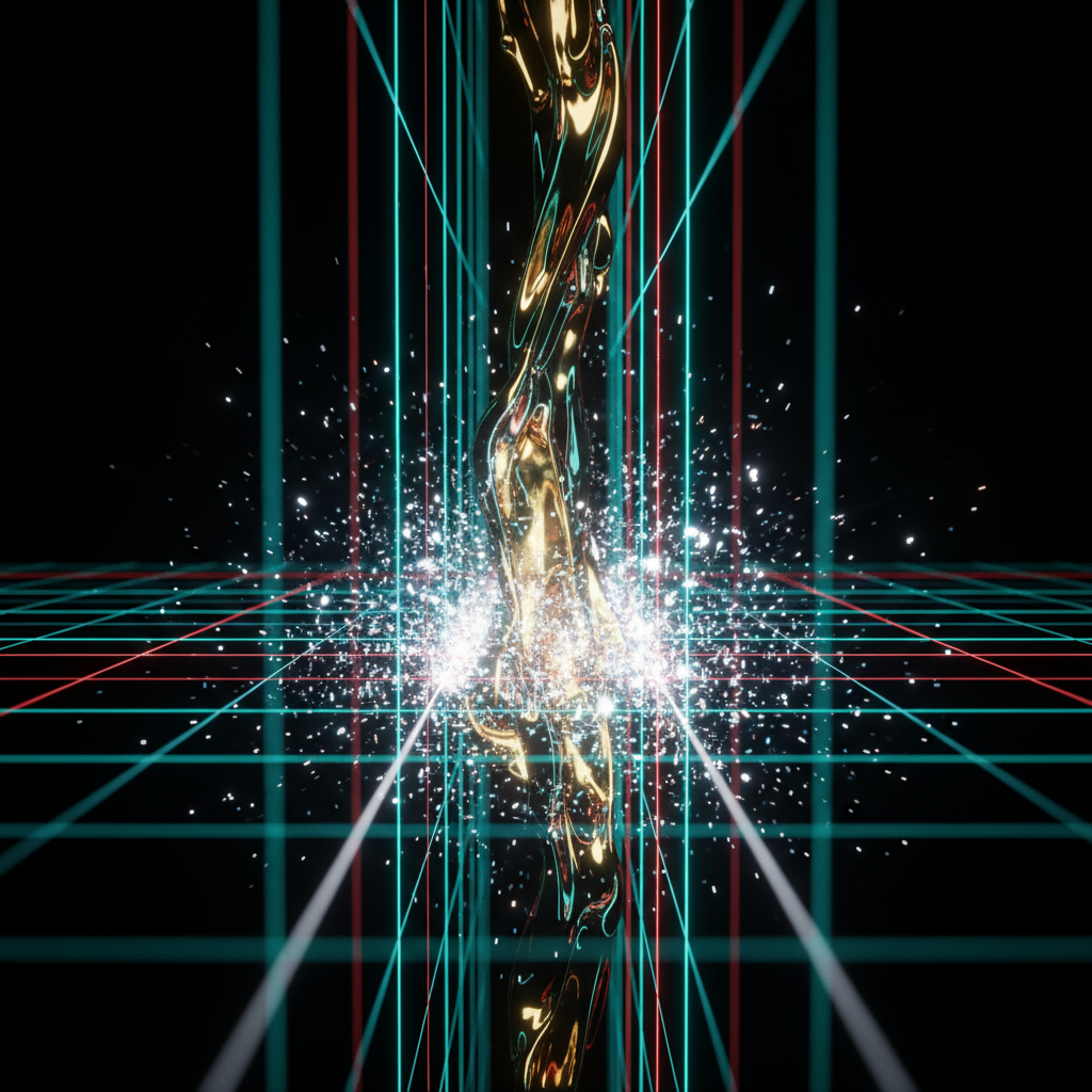 A graphic of a liquid gold stream splashing through a 3D cyan and red perspective grid with glowing sparkles against a black background.