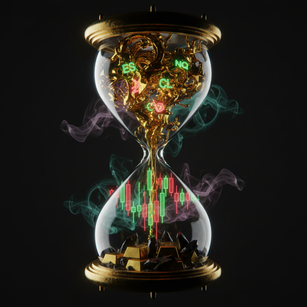 a futuristic hourglass filled with gold and glowing financial trading symbols, surrounded by colorful smoke and a stock market candlestick chart.