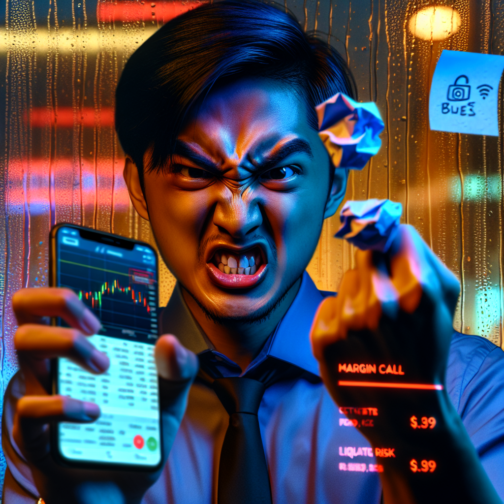 A graphic of a frustrated trader holding a smartphone displaying a falling trading chart while financial risk and margin call warnings glow across his hand.