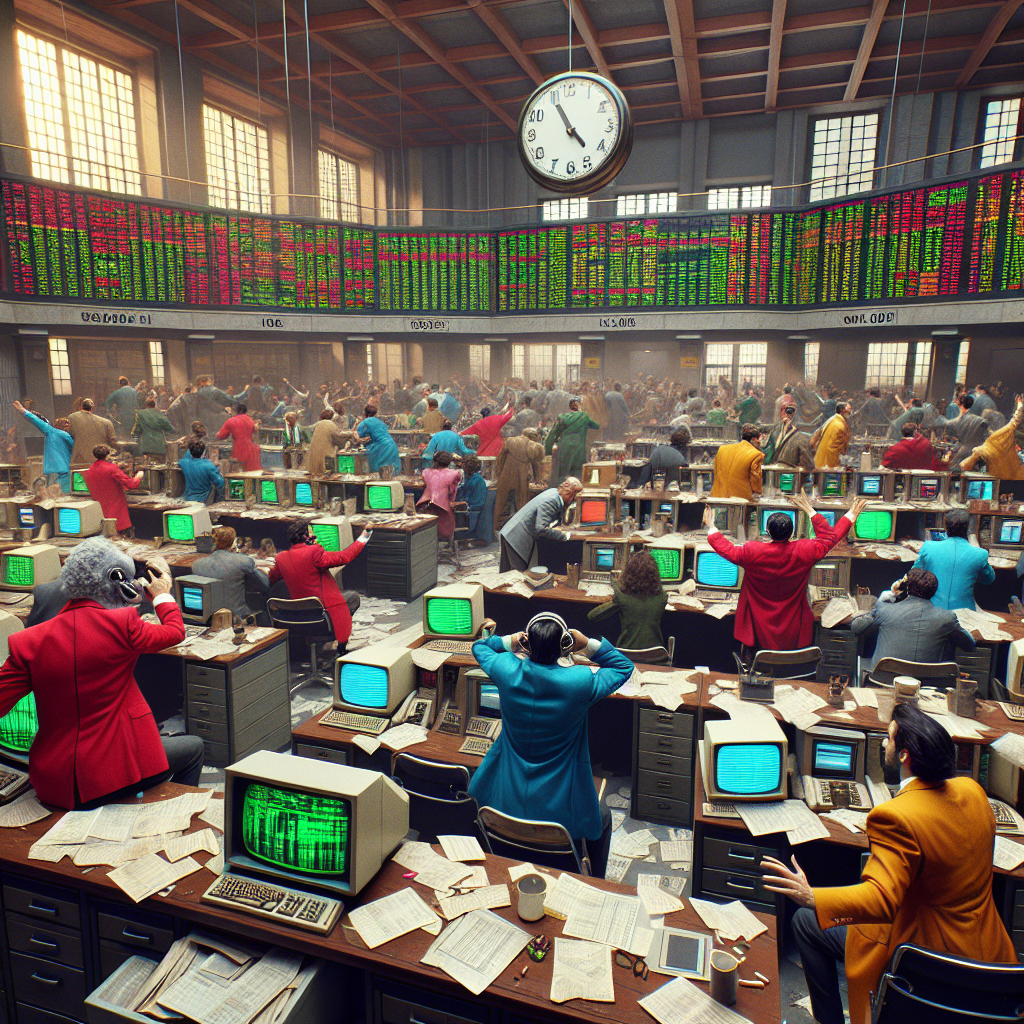 A graphic showing an 80's style wall street trading options on futures