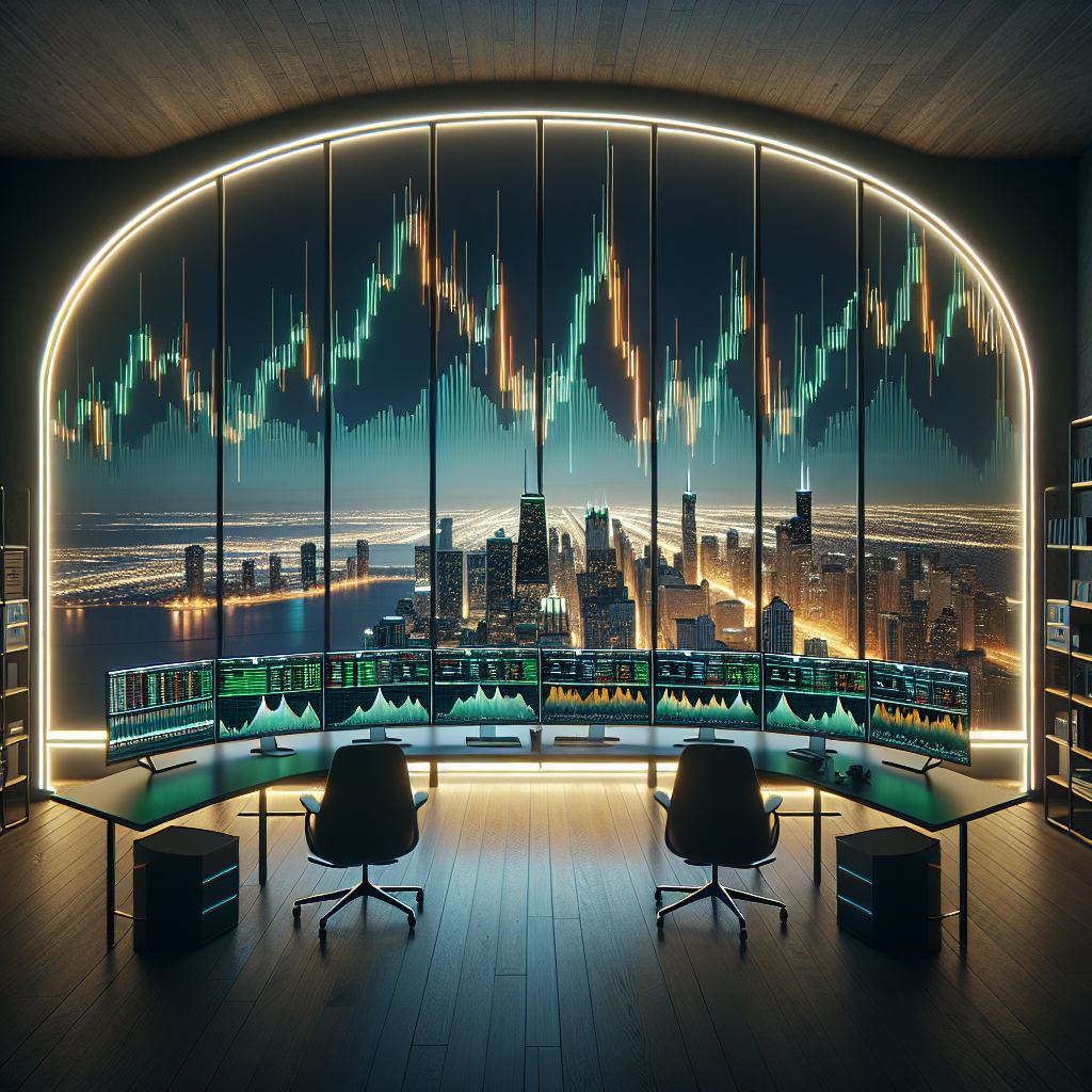 Graphic of computer screens Infront of glass windows overlooking the city with chairs related to futures prop trading