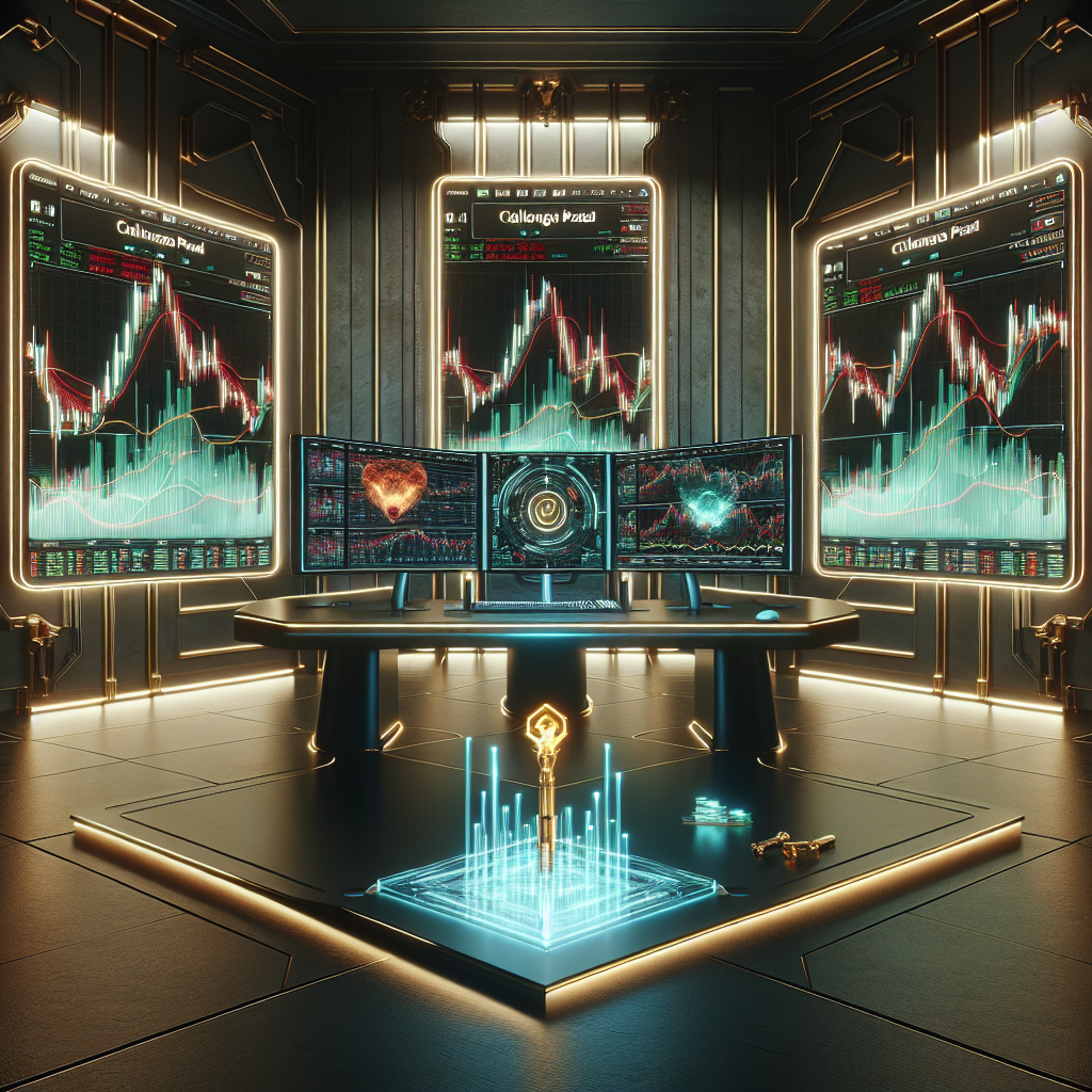 “A graphic of a digital trading room featuring a desk with three screens, displaying charts and gold-accented elements that illustrate how to qualify for a funded futures account challenge.”