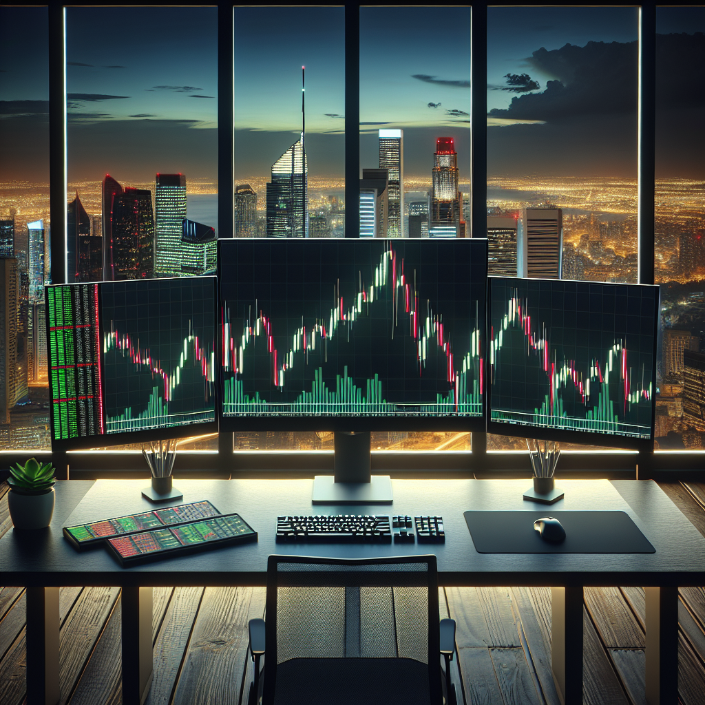 Graphic of a desk with three screens, a chair, and a city backdrop, related to “how to become a funded trader.”