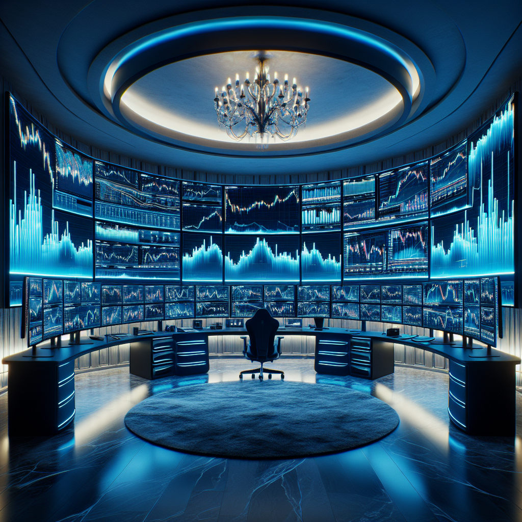 A graphic of a large desk on a carpet, surrounded by multiple screens displaying charts related to "funded trading accounts"