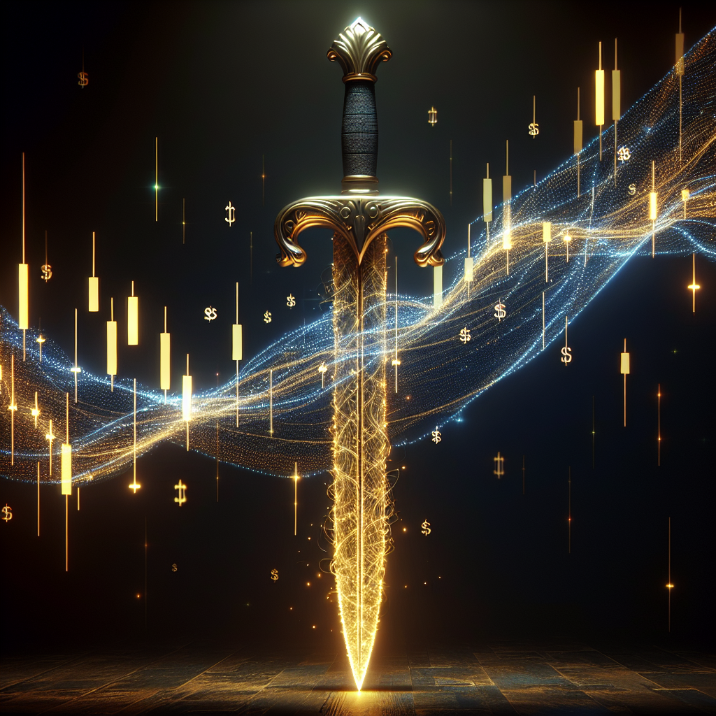 Graphic of a gold-accented sword surrounded by financial symbols, representing futures trading leverage explained.