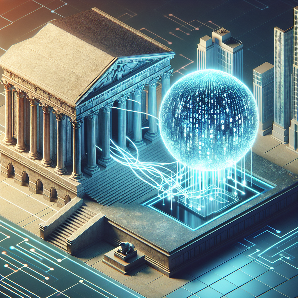 Graphic of ETF futures contracts visualized with a digital globe beside a classical financial institution building.