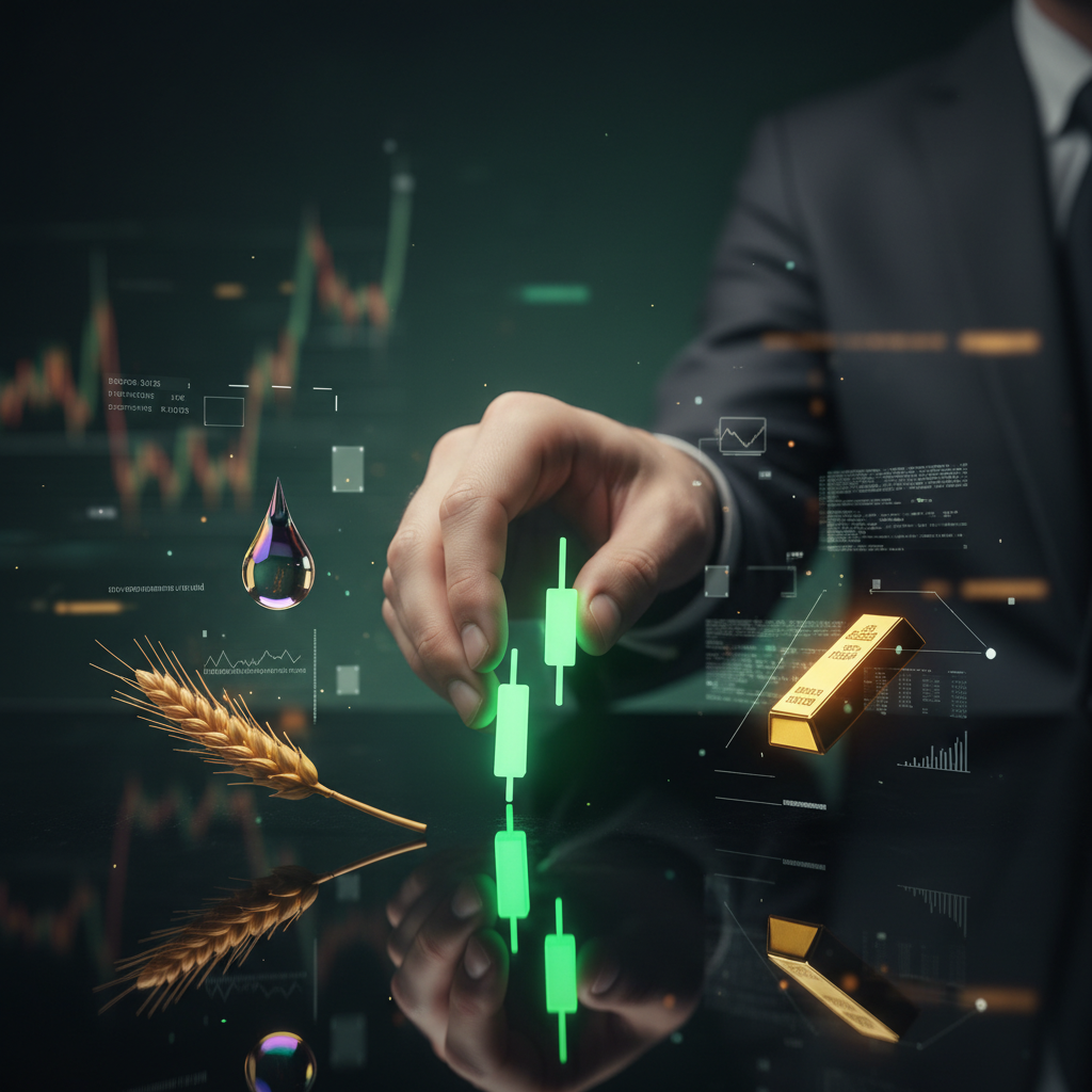 An image of a man dropping green futures candle sticks with wheat gold and oil surrounding them