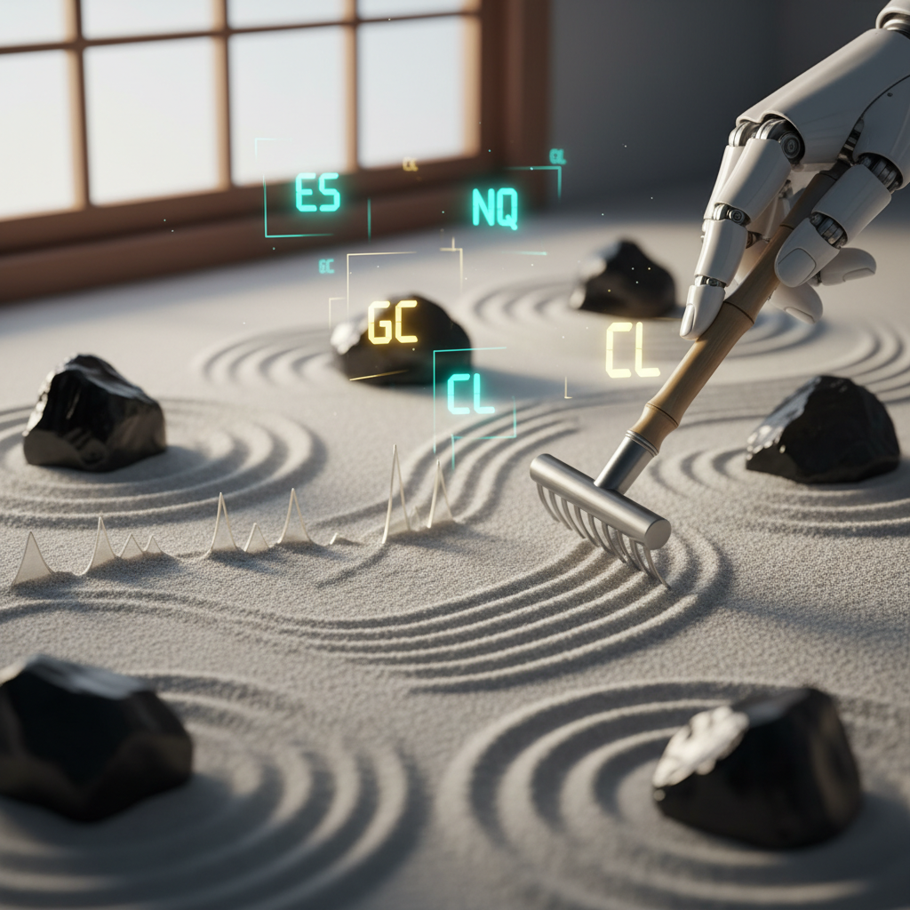 Funded Futures Network Standard MAX account concept art: a robotic hand rakes a zen garden into a futures price chart with ES, NQ, GC and CL ticker symbols