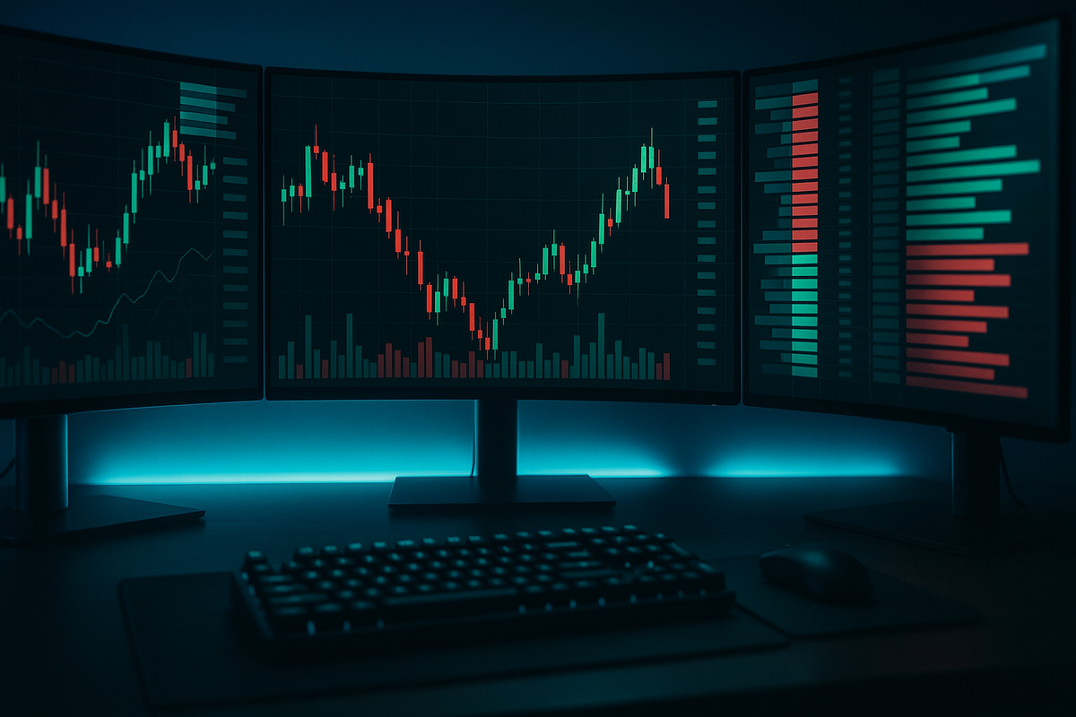 A graphic of what is leverage in crypto futures trading shown on three curved monitors. The screens display red and green candlestick data over a dark desk setup.