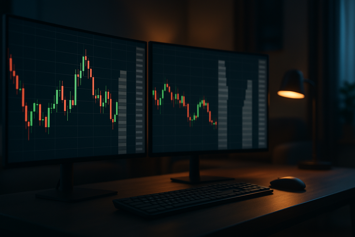 Two computer monitors displaying red and green financial candlestick charts on a dark desk at night. Traders use this setup to analyze market data and determine. "are funded accounts legit"