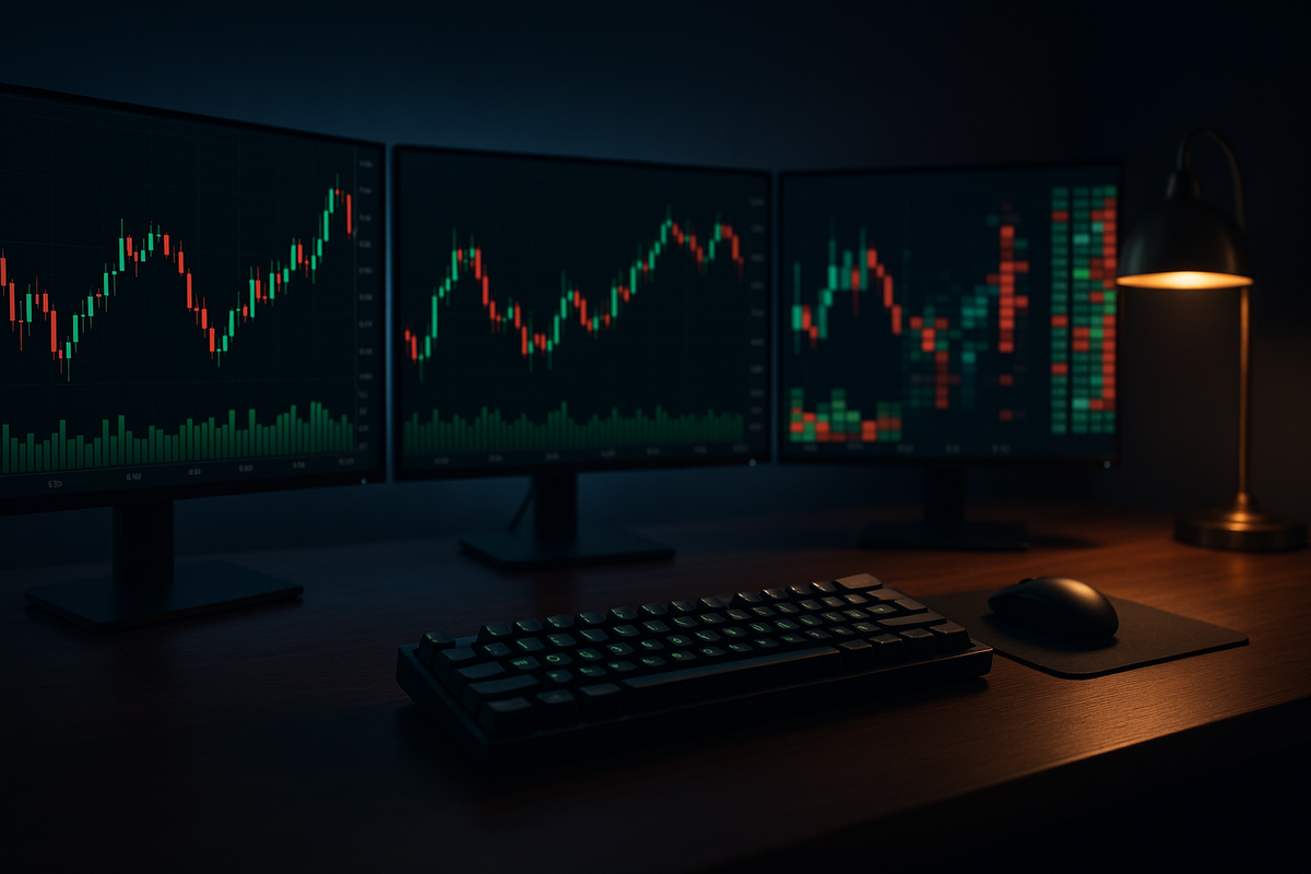 A graphic of a day trading funded account setup featuring three monitors displaying financial charts, a mechanical keyboard, and a mouse on a dark wooden desk.