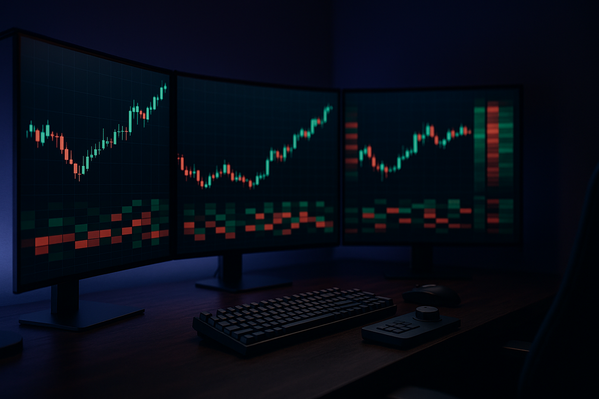 A graphic of a dark computer desk setup with three monitors displaying glowing financial candlestick charts, a keyboard, and a mouse related to "what is funded trading".