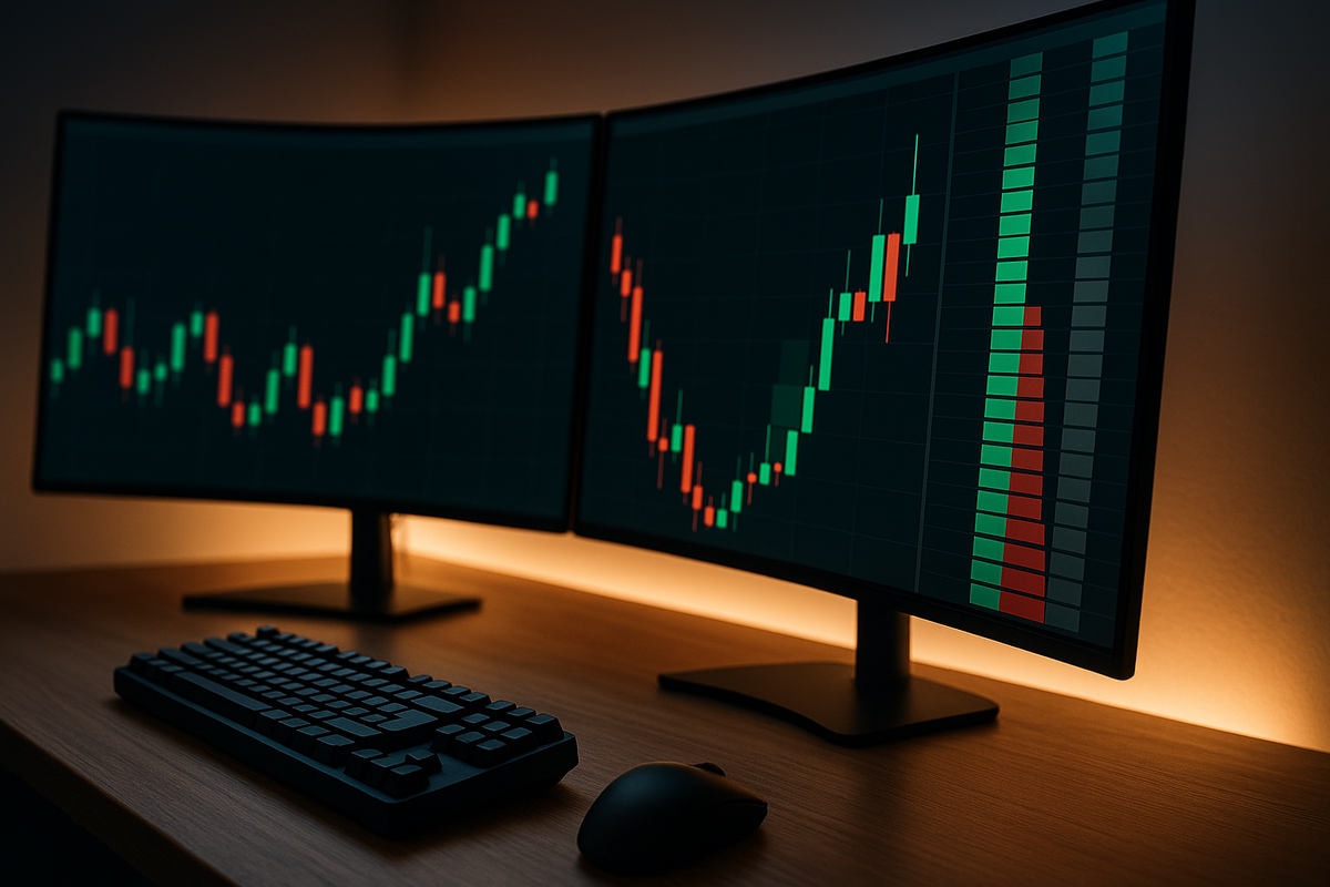 A graphic of market trends, and price action on a modern trading desk related to the question "how do funded accounts work".