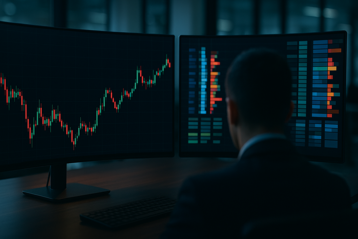 A graphic of a trader engaged in FX futures trading, viewed from behind at a dark desk while monitoring rising market charts and data order books across two computer screens.