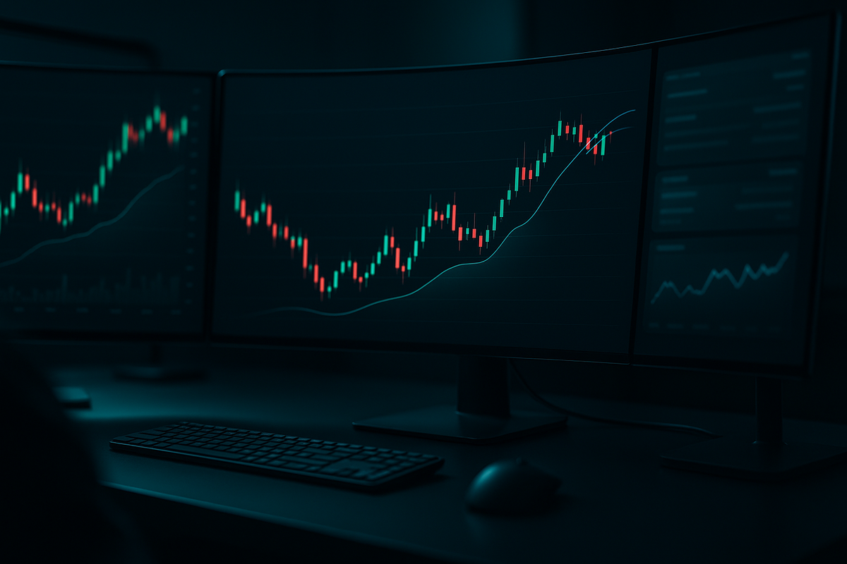 A graphic of a dark three-monitor workstation displaying live candlestick charts, useful for visual guides on common mistakes in funded trading accounts.