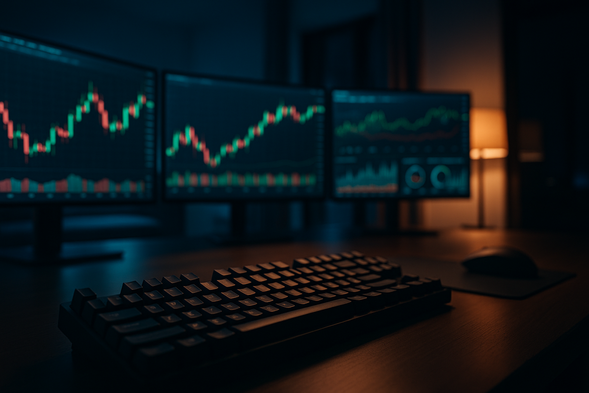 A graphic of a dark three-monitor workstation displaying live candlestick charts and trading performance metrics, useful for traders monitoring a consistency rule prop firm.