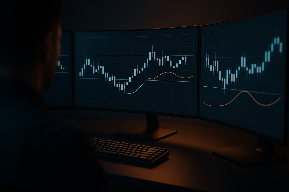 A graphic of a dark three-monitor workstation displaying financial candlestick charts, used by traders executing a mean reversion trading strategy.