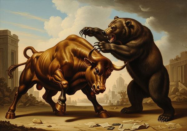 Graphic of a Bull and Bear fighting represents long position vs short position futures