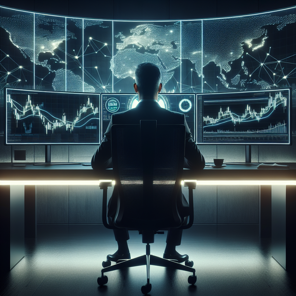 Graphic of a man sitting Infront of monitors on a black chair at a desk looking at world map related to what percent of traders get funded