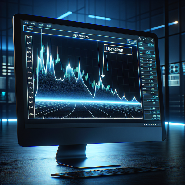 Graphic of a computer on a desk with keyboard with charts and computers in background related to what is drawdown in trading