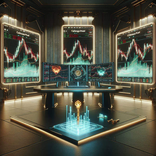 “A graphic of a digital trading room featuring a desk with three screens, displaying charts and gold-accented elements that illustrate how to qualify for a funded futures account challenge.”