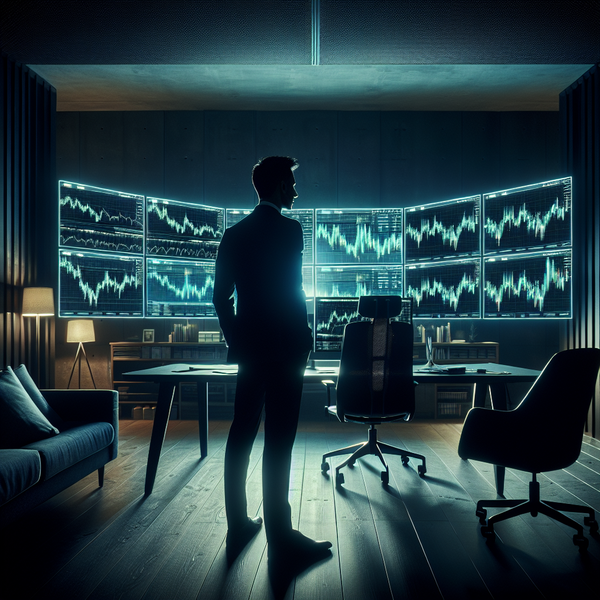 Graphic of a man in a suit standing in front of screens displaying charts, beside a couch, related to “what is a funded account.”