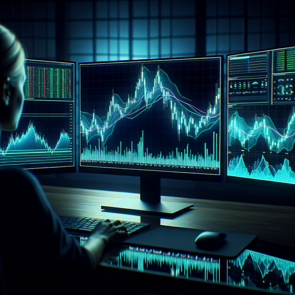 Graphic of a woman sitting at a desk, looking at three screens with charts on them while studying funded trading platforms.
