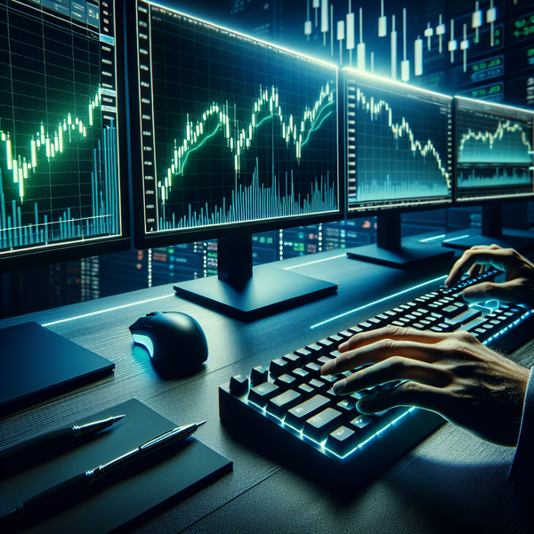 Graphic of hands on a keyboard at a desk with three screens behind it displaying charts in the background, representing the best futures to trade and related strategies.