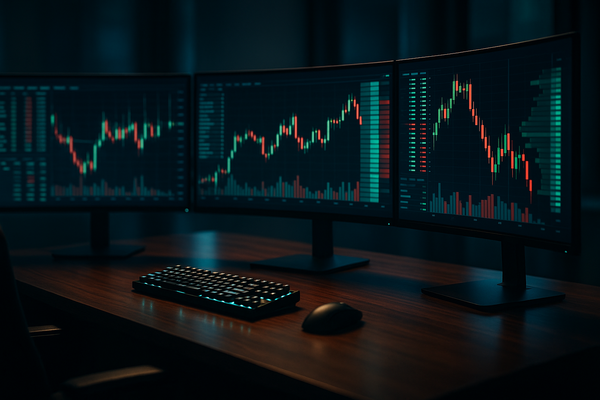 a graphic of Crypto futures trading for beginners visualized through a professional dark wood trading desk featuring three monitors displaying financial candlestick charts.