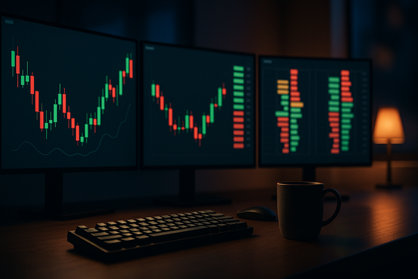 A professional multi-monitor trading desk in a dimly lit room, featuring three screens filled with red and green market charts next to a coffee mug.
