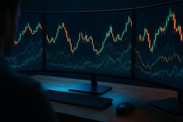 A graphic of trading monitors displaying candlestick charts and indicators in a dark setup illustrating crypto futures trading strategies.