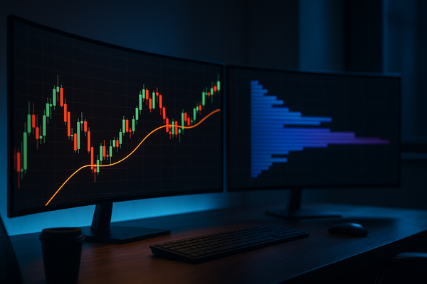 A graphic of a dual-monitor setup displaying crypto futures trading strategies and futures trading volume via a candlestick chart and a horizontal volume profile.