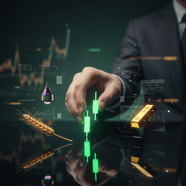 An image of a man dropping green futures candle sticks with wheat gold and oil surrounding them