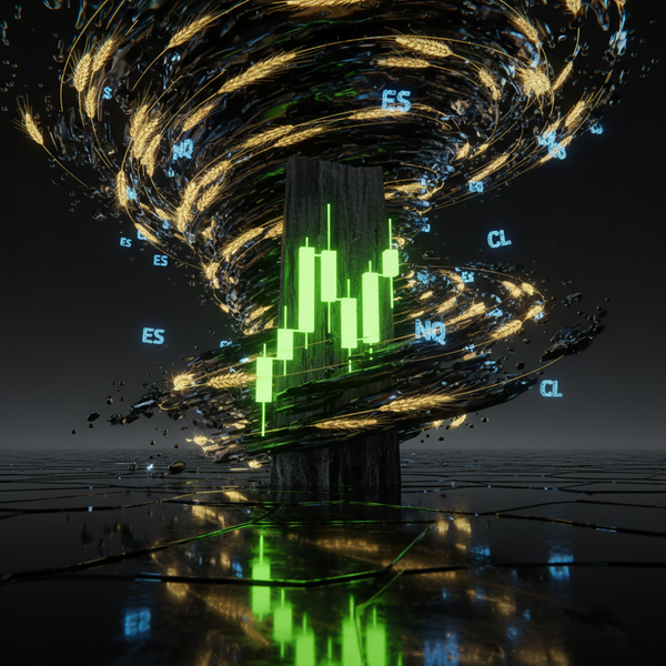 Green futures candlestick rising in a vortex of wheat and oil with ES, NQ and CL tickers, representing momentum in a futures prop firm
