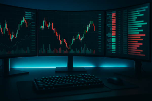 A graphic of what is leverage in crypto futures trading shown on three curved monitors. The screens display red and green candlestick data over a dark desk setup.