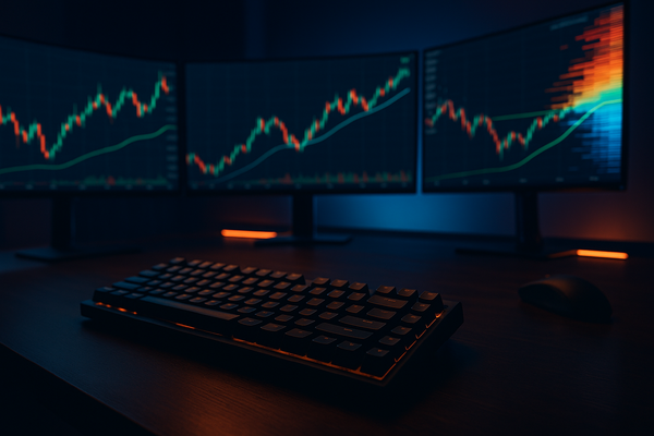 A graphic of crypto futures signals on three monitors. Glowing trading charts illuminate a dark desk setup with a keyboard.