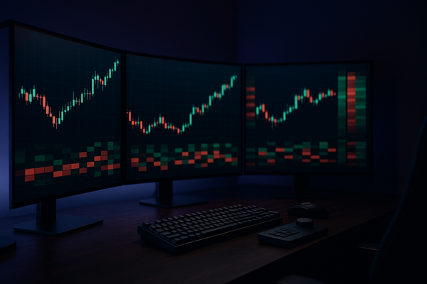 A graphic of a dark computer desk setup with three monitors displaying glowing financial candlestick charts, a keyboard, and a mouse related to "what is funded trading".