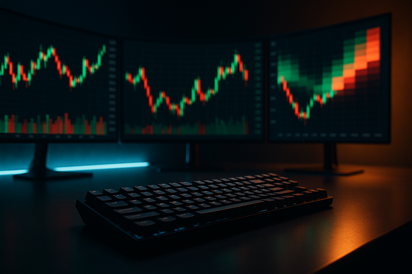 A graphic of a dark futures trading station with a computer keyboard in the foreground and three monitors displaying glowing red and green stock market candlestick charts.