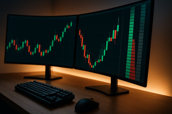 A graphic of market trends, and price action on a modern trading desk related to the question "how do funded accounts work".
