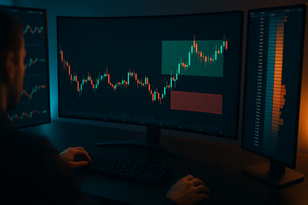 A graphic of a trader analyzing a candlestick chart on a large curved monitor to evaluate the risk reward ratio trading strategy, featuring distinct green profit and red loss target zones.