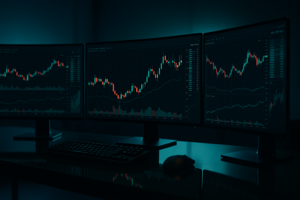 A graphic of three computer monitors displaying dark-mode stock charts with red and green candlesticks on a dark desk, answering how do you get approved for funded account trading.