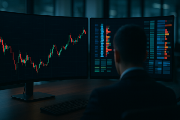 A graphic of a trader engaged in FX futures trading, viewed from behind at a dark desk while monitoring rising market charts and data order books across two computer screens.