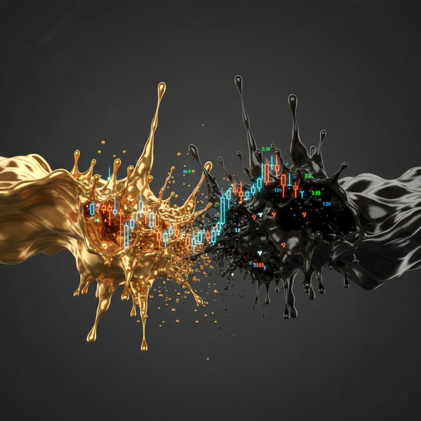 A graphic of liquid gold and black splashing together with trading charts, representing initial margin vs maintenance margin.