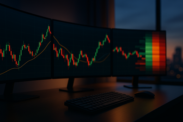 A graphic of a dark three-monitor workstation displaying live financial candlestick charts and order depth, useful for analyzing trading futures vs options.