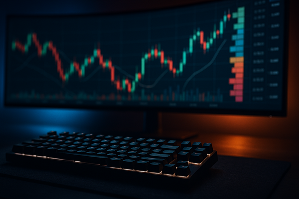 A graphic of a sleek, dark trading setup with a backlit keyboard under a curved monitor displaying candlestick charts, useful for traders asking when is nasdaq futures contract rollover.