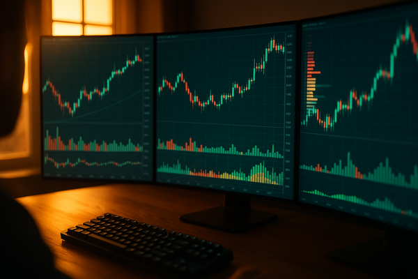 A graphic of a dark three-monitor workstation displaying live financial charts with green and red candlestick patterns on a dark wooden desk.