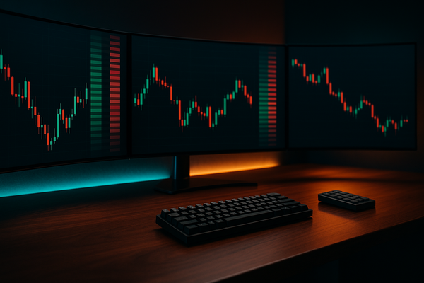 A graphic of a dark three-monitor workstation displaying live financial charts and market order books on a wooden desk.