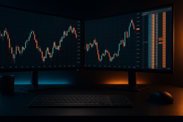 A graphic of a dual-monitor trading desk setup displaying live financial charts and order ladder volume, ideal for analyzing a futures calendar spread.