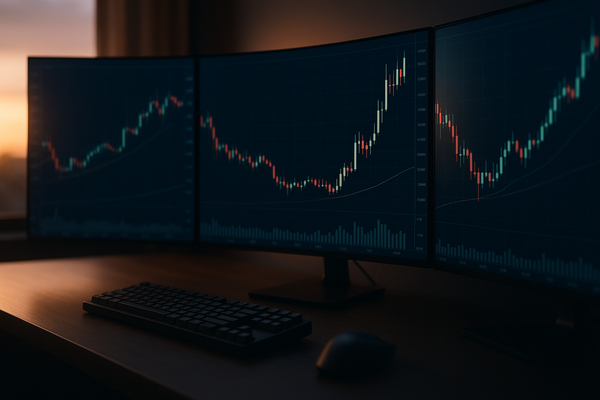 A graphic of three curved computer monitors displaying financial candlestick charts on a dark desk at sunset, useful for analyzing an opening range breakout strategy.